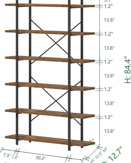 HSH 6 Shelf Tall Bookcase, Industrial Modern Large 6 Tier Bookshelf, Open Wood and Metal Display & Storage Rack,Farmhouse Bookcases and Book Shelves 6 Shelf for Bedroom Living Room Office,Rustic Brown - LeafyLoom