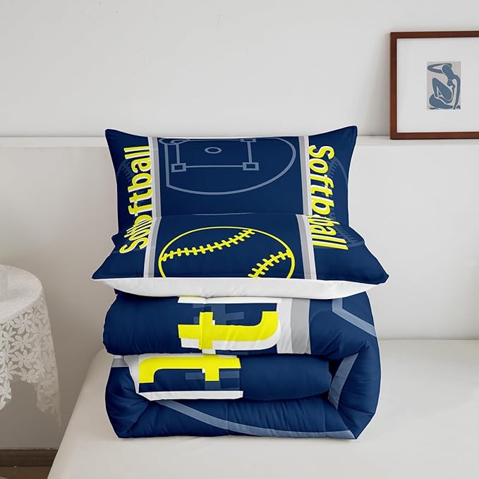 Feelyou Kids Softball Comforter Set Queen Size Sports Game Bedding Set for Boys Girls Teens Bedroom Decor Baseball Comforter Softball Gaming Theme Duvet Set with 2 Pillow Case - LeafyLoom