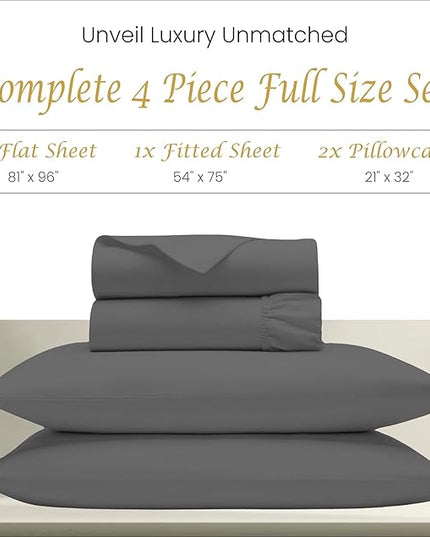 Bluemoon Homes 100% Egyptian Cotton Full Size Sheet Set 1000 Thread Count Best Egyptian Cotton Sheets 4 Piece Full Bed Sheets Set 18" Deep Pocket, Soft Sateen 4-Piece Cooling Bedding Set - Dark Grey - LeafyLoom