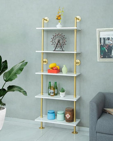 5 shelf Modern Gold Bookshelf, Wall Mount White Bookcase, Ladder Shelf with Metal Frame, Display Shelf Shelves for Living Room/Home/Office - LeafyLoom