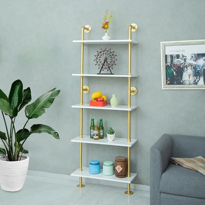 5 shelf Modern Gold Bookshelf, Wall Mount White Bookcase, Ladder Shelf with Metal Frame, Display Shelf Shelves for Living Room/Home/Office - LeafyLoom