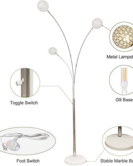 DLLT Floor Lamps for Living Room, 3-Light Chrome Arc Standing Lamp, 86.6" Modern Tall Tree Floor Lamp with Adjustable Arms, Multi-Head LED Floor Lamps for Bedroom, Study, Office, G9 Bulbs Included - LeafyLoom