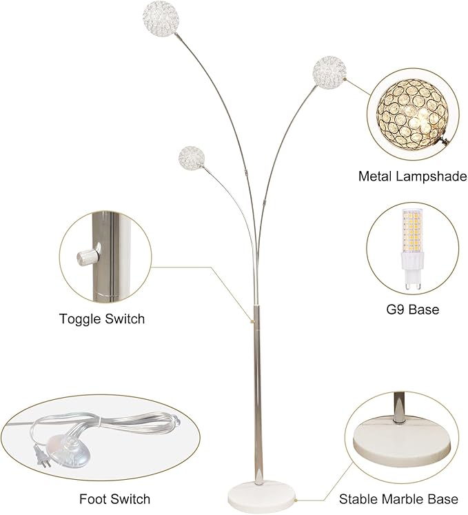 DLLT Floor Lamps for Living Room, 3-Light Chrome Arc Standing Lamp, 86.6" Modern Tall Tree Floor Lamp with Adjustable Arms, Multi-Head LED Floor Lamps for Bedroom, Study, Office, G9 Bulbs Included - LeafyLoom