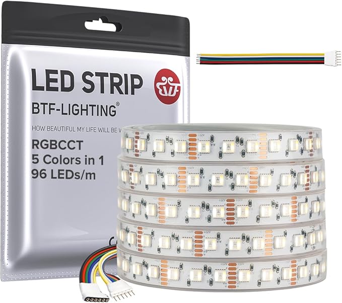BTF-LIGHTING RGBCCT 5 Colors in 1 LED Tape Lights 5050SMD RGBWW RGB+Dimmable Color Temperature 2700K-6500K 16.4ft 96LED/m 480LED IP67 DC12V White PCB for Home Decoration(No Adapter or Controller) BTF-LIGHTING