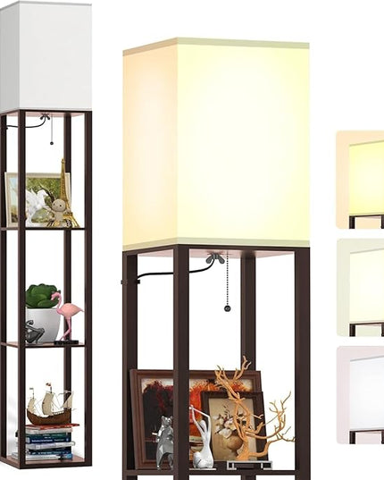 PAZZO Floor Lamp with Shelves by Solid Wood, Modern Shelf Floor Lamp with 3 Color Temperature, Linen Lampshade and Storage Shelves for Living Room, Bedroom, Bulb Included(Brown) - LeafyLoom