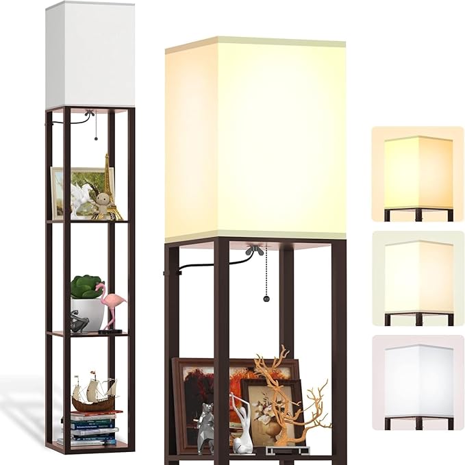 PAZZO Floor Lamp with Shelves by Solid Wood, Modern Shelf Floor Lamp with 3 Color Temperature, Linen Lampshade and Storage Shelves for Living Room, Bedroom, Bulb Included(Brown) - LeafyLoom