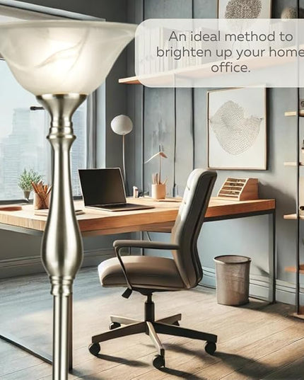 LIGHTACCENTS Floor Lamp, Standing Lamp 72-inch Tall Lamp Brushed Nickel White Alabaster Glass Shade - Torchiere, Pole Lamp, Corner Lamp, Floor Lamps for Living Room, Standing Lamps for Bedroom - LeafyLoom
