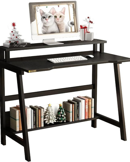 Small Computer Desk for Small Spaces - 33.5" Inch Modern Writing Table with Monitor Storage Shelf for Home Office and Study, Compact Laptop Desk in Simple and Sleek Style - LeafyLoom