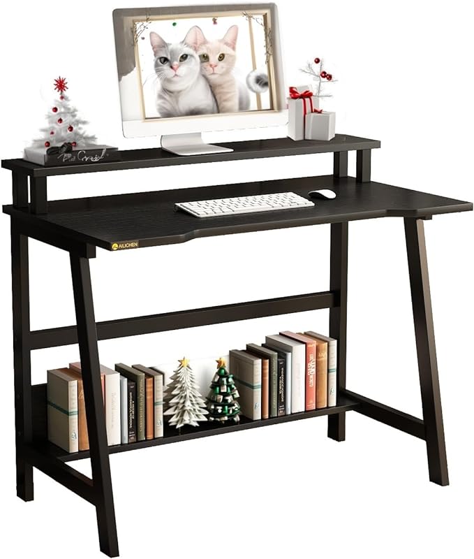 Small Computer Desk for Small Spaces - 33.5" Inch Modern Writing Table with Monitor Storage Shelf for Home Office and Study, Compact Laptop Desk in Simple and Sleek Style - LeafyLoom