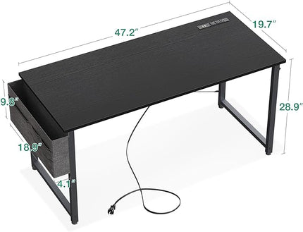 AODK 48 inch Small Computer Desk with Power Outlet for Small Spaces Home Office Student Laptop PC Writing Desks with Storage Bag Headphone Hook, Black - LeafyLoom