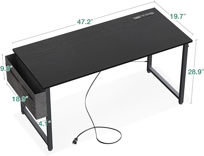 AODK 48 inch Small Computer Desk with Power Outlet for Small Spaces Home Office Student Laptop PC Writing Desks with Storage Bag Headphone Hook, Black - LeafyLoom