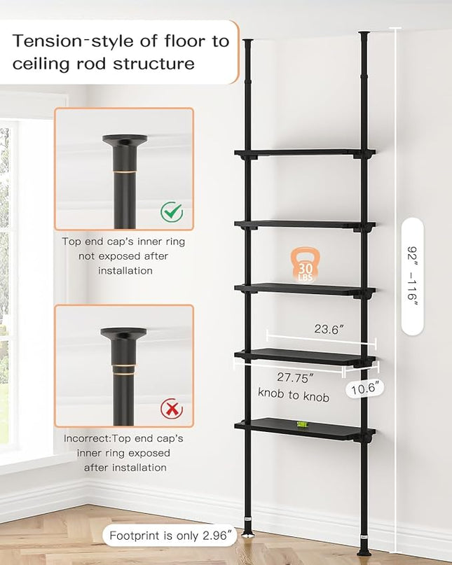 ALLZONE 5 Tiers Narrow Bookshelf, Tall Adjustable Ladder Book Shelf with Open Storage, Floor to Ceiling Tension Mount, Wooden Industrial Bookcase for Living Room, 92 to 116 Inch, Black - LeafyLoom
