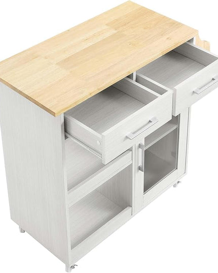 Modway Culinary Rolling Kitchen Cart with Storage in White Natural - 3 Tiers Kitchen Island on Wheels with Spice Rack, Functional as a Coffee Station, Bar Cabinet or Butcher Block Island - LeafyLoom