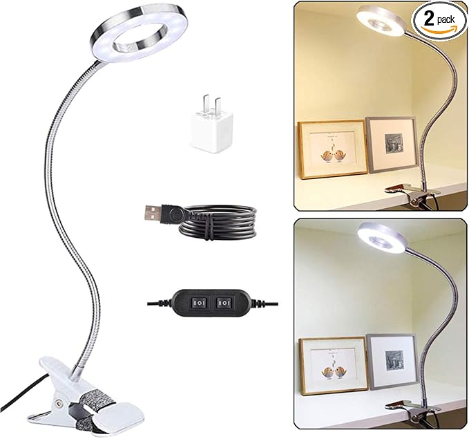 7W Clip on Light, LED Clip On Lamp, USB Reading Book Light, Bed Lamp,Desk lamp, Warm Light and White Light - LeafyLoom