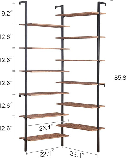 HOMISSUE Corner Bookshelf,12-Tier L Shaped Bookshelf, Double Wide Corner Wall Mount Bookcase with Metal Frame and Wood, Modern Industrial Corner Shelf for Living Room, Kitchen, Home Office Brown - LeafyLoom