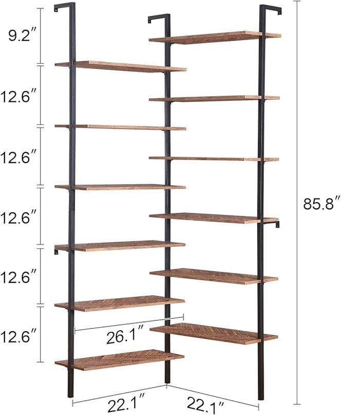 HOMISSUE Corner Bookshelf,12-Tier L Shaped Bookshelf, Double Wide Corner Wall Mount Bookcase with Metal Frame and Wood, Modern Industrial Corner Shelf for Living Room, Kitchen, Home Office Brown - LeafyLoom
