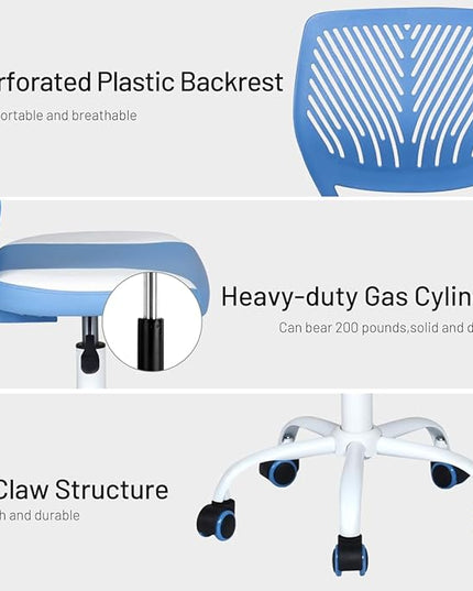 FurnitureR Desk Chair Small Study Chairs Armless for Child Kids Teens, Swivel Rolling Lightweight Task Chair with Wheels and Pu Leather Padded Cushion, Blue/White - LeafyLoom