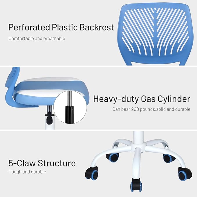 FurnitureR Desk Chair Small Study Chairs Armless for Child Kids Teens, Swivel Rolling Lightweight Task Chair with Wheels and Pu Leather Padded Cushion, Blue/White - LeafyLoom