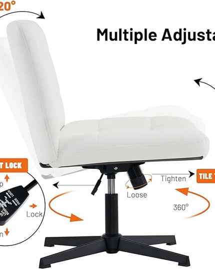Furniliving Office Desk Chair No Wheels, Criss Cross Legged Office Desk Chair Height Armless Adjustable Wide Home Chair with Mid Back PU-Padded Swivel Accent Vanity Chairs,White - LeafyLoom