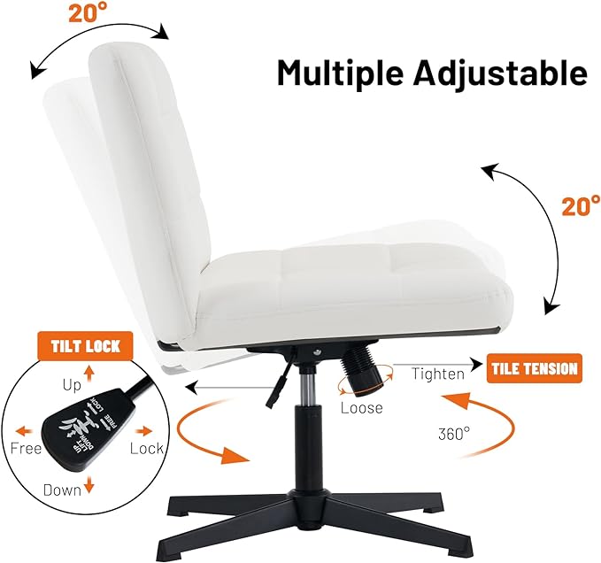 Furniliving Office Desk Chair No Wheels, Criss Cross Legged Office Desk Chair Height Armless Adjustable Wide Home Chair with Mid Back PU-Padded Swivel Accent Vanity Chairs,White - LeafyLoom