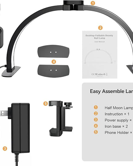Foldable Half Moon Light for Nail Desk, 29 Inch Desk Lamp with Phone Holder for Video Creation, 3 Light Modes 3000-6500K Esthetician Lash Light for Eyelash, Nail, Video - LeafyLoom