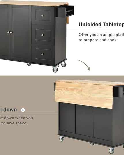 52.7 Cart with Wood Top and Drop Leaf Breakfast Bar, Rolling Mobile Island Towel Rack,Large Storage Cabinet Kitchen Table for Dinning Room, Black, 52.76 Inch - LeafyLoom