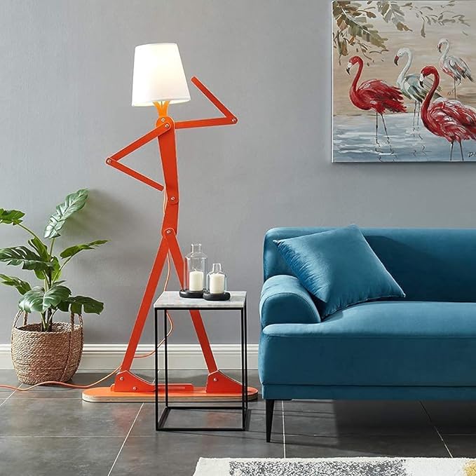 Cool Creative Floor Lamps Wood Tall Decorative Corner Reading Standing Swing Arm Light for Living Room Bedroom Office Farmhouse Kids Boys Girls Gift - with LED Bulb (Orange) - LeafyLoom