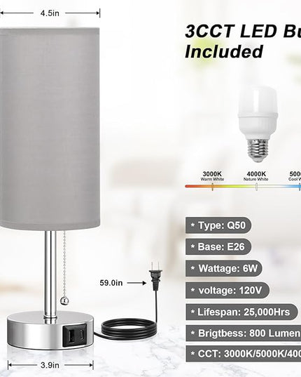 Grey Table Bedside Lamp for Bedroom Nightstand - Small Silver Lamp with USB A + C Charging Port, 3 Color Temperatures Pull Chain Night Stand Light with Bulb, Side Table Desk Lamp for Living Room - LeafyLoom