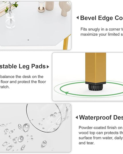 Elephance 59" L Shaped Desk Corner Computer Desk Gaming Table with Monitor Stand Workstation for Home Office (Large, White+ Gold Frame) - LeafyLoom