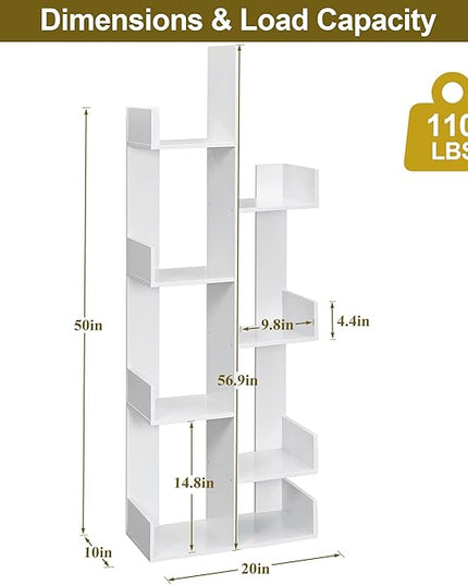 VECELO 8 Shelf Storage Tree Bookshelf,Wooden Book Display Shelves for CDs/Movies/Books, FreeStanding Geometric Tree-Shaped Bookcase Storgae Organizers for Home Office, Living Room,Bedroom,White - LeafyLoom