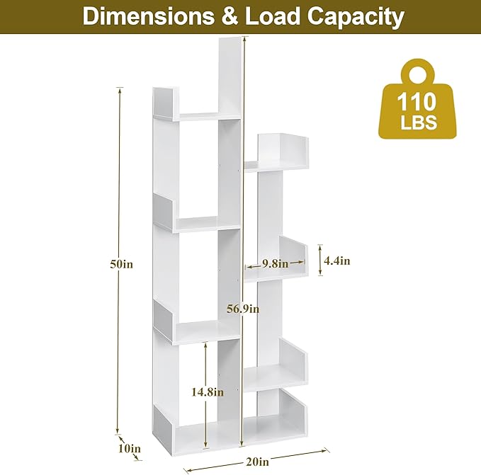 VECELO 8 Shelf Storage Tree Bookshelf,Wooden Book Display Shelves for CDs/Movies/Books, FreeStanding Geometric Tree-Shaped Bookcase Storgae Organizers for Home Office, Living Room,Bedroom,White - LeafyLoom