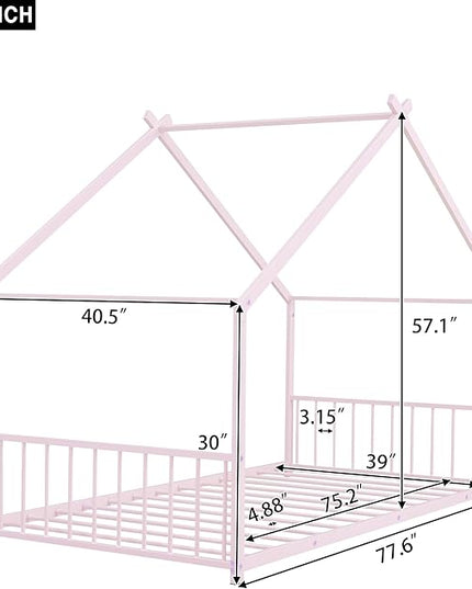 RITSU Twin Size Montessori Floor House Bed, Bedframe with Metal Slat & with Headboard and Footboard, Sturdy Construction, for Children's Room, Girls, Boys, Pink - LeafyLoom