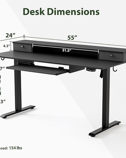 Electric Standing Desk with 2 Drawers and Keyboard Tray, 55 x 24 Inches Ergonomic Adjustable Height Desk with Storage, Sit Stand up Desk Computer Workstation, Black - LeafyLoom