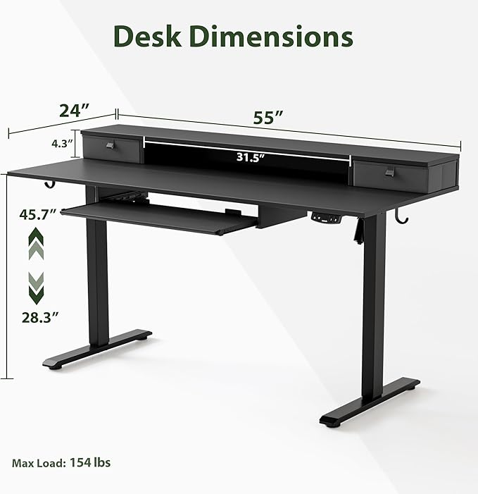 Electric Standing Desk with 2 Drawers and Keyboard Tray, 55 x 24 Inches Ergonomic Adjustable Height Desk with Storage, Sit Stand up Desk Computer Workstation, Black - LeafyLoom