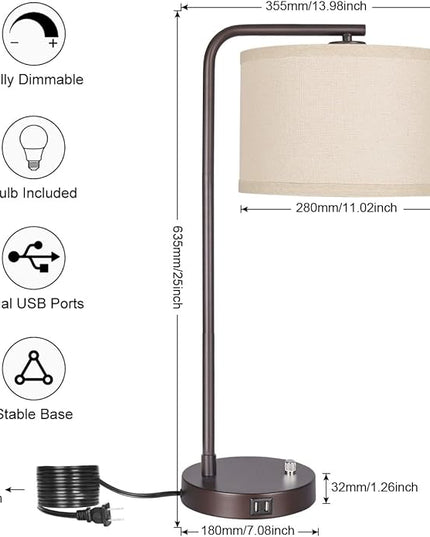 Table Lamps Set of 2, Fully Dimmable Bedside Lamp with Dual USB Charging Ports, Modern Nightstand Lamps with Linen Fabric Shades, Tall Desk Lamp for Bedroom, Living Room, Office, LED Bulb Included - LeafyLoom