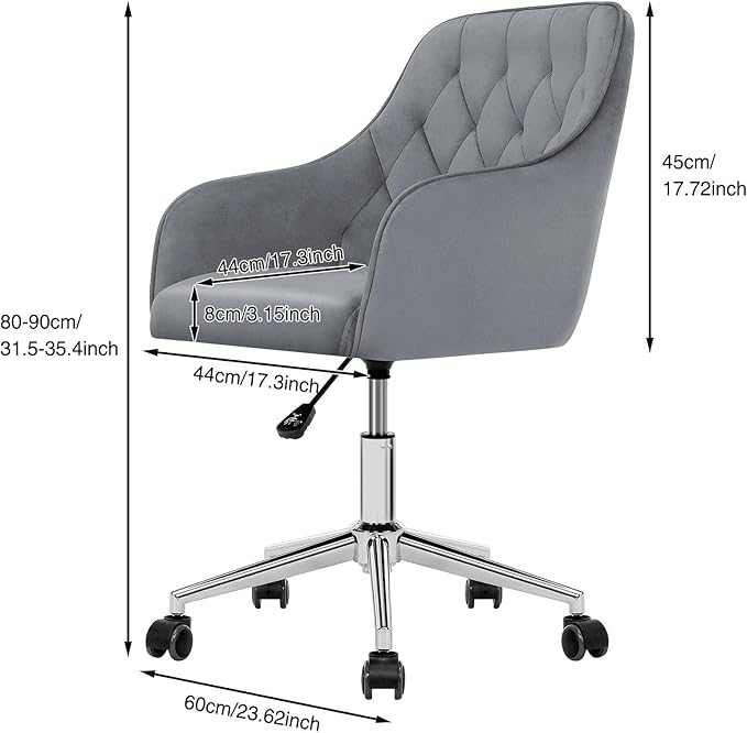 Velvet Desk Chair Vanity Chair for Makeup with Wheels and Back Home Office Chair Adjustable Rolling Swivel Chair for Bedroom Vanity Room Grey - LeafyLoom