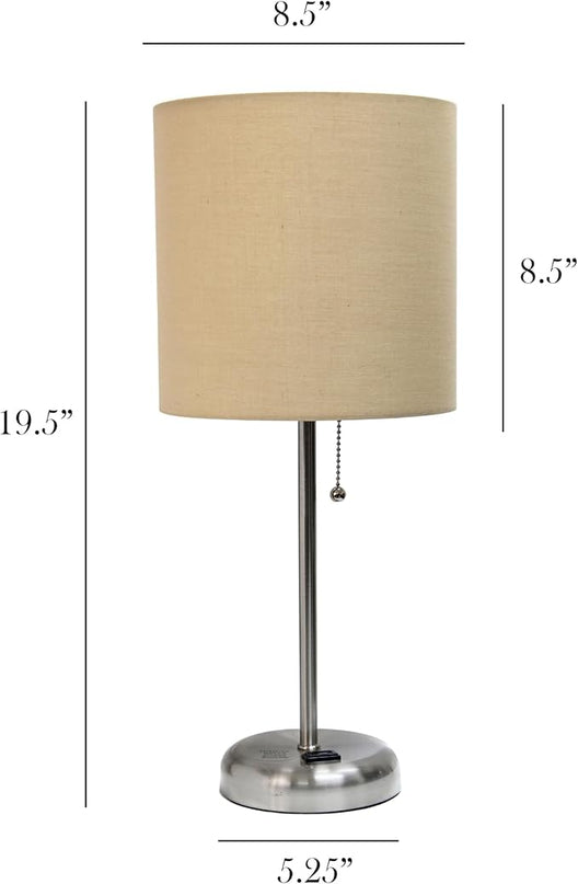 Simple Designs LT1144-TAN Sleek and Slender Brushed Steel Table Lamp with Charging Outlet, for Bedroom, Living Room, Entryway, Office, Dining Room, Study, Tan Shade - LeafyLoom