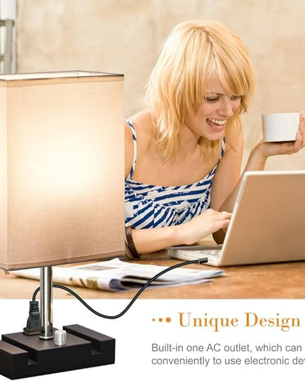 Fully Dimmable Table lamp, Lamps with Two Phone Stands and AC Outlet, Bedside Lamp with Two LED Bulb for Bedroom, Living Room,Study(Set of 2) Light White - LeafyLoom