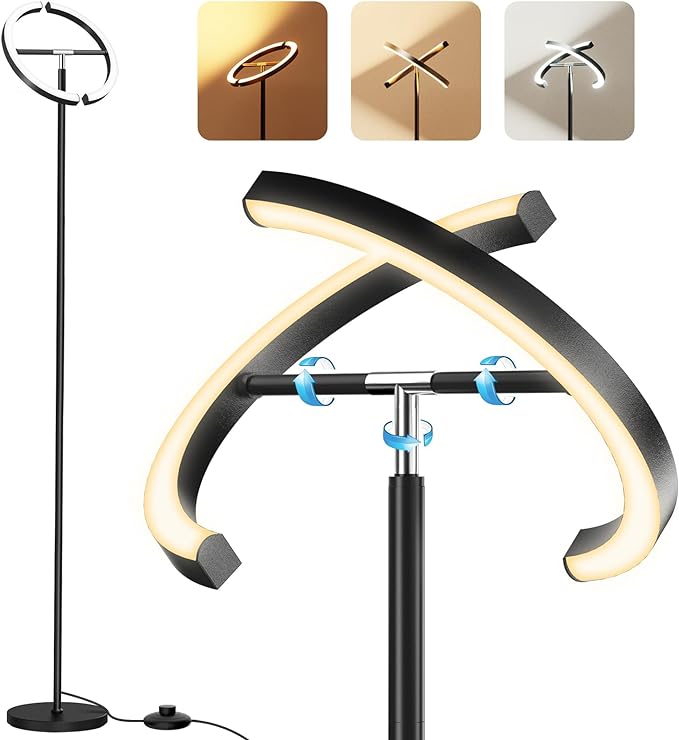 Modern LED Floor Lamp, Rotatable Standing Lamp with Foot Switch, 20W Bright Reading Floor Light with 3 Color Temperatures, Black Stand up Lamp Tall Lamp for Living Room, Bedroom, Office - LeafyLoom
