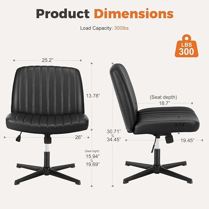 Sweetcrispy Cross Legged Office Chair, Criss Cross Chair Armless Wide Desk Chair No Wheels, Adjustable Swivel Home Office Vanity Chair - LeafyLoom