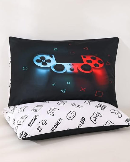 Boys Gamepad Comforter Set Full,Play Gamer Bedding Set Kid Young Man Video Games Down Comforter for Teen Child Game Room Decor Black Classic Retro Gaming Quilt Duvet Set with Controller Button - LeafyLoom