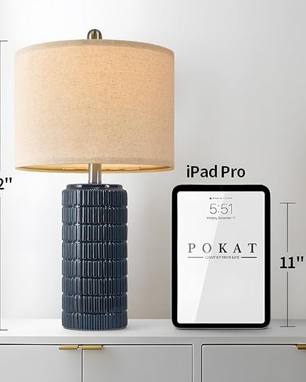 PoKat 23" Blue Table Lamp, Farmhouse Bedside Lamps for Bedroom Set of 2, Ceramic End Table Lamps for Living Room, Traditional Nightstand Desk Lamps, Medium - LeafyLoom