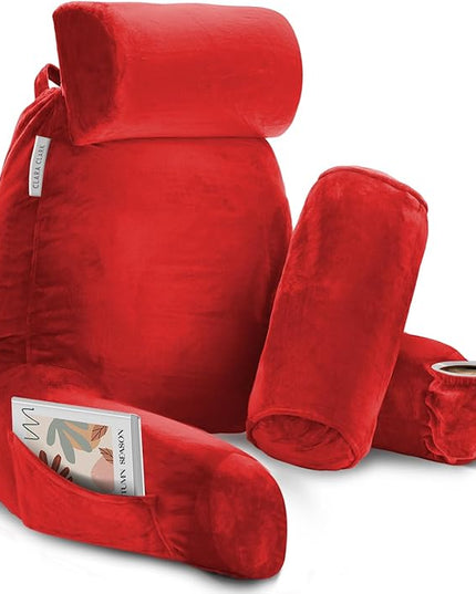 Clara Clark Reading Pillow, Large Back Pillow for Sitting Up in Bed, Memory Foam Back Support Pillow, Reading Pillows for Sitting in Bed Adult, Red Sit Up Pillow for Bed Chair with Arms and Pockets - LeafyLoom