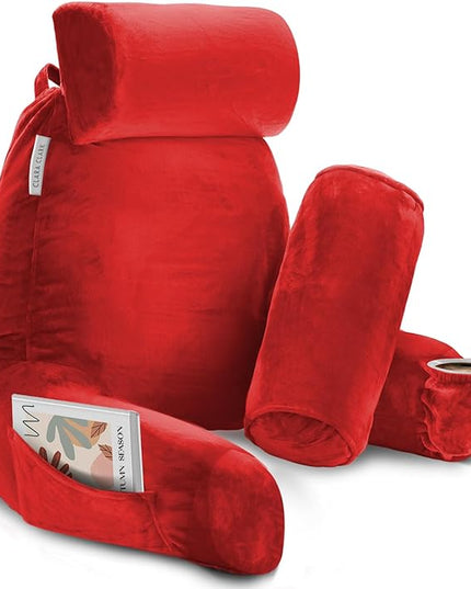 Clara Clark Reading Pillow with Portable Lap Desk for laptop Set, Back Pillow for Sitting Up in Bed, Memory Foam Back Support Pillow, Bed Rest Pillow with Foldable Laptop Desk, Large - Red - LeafyLoom