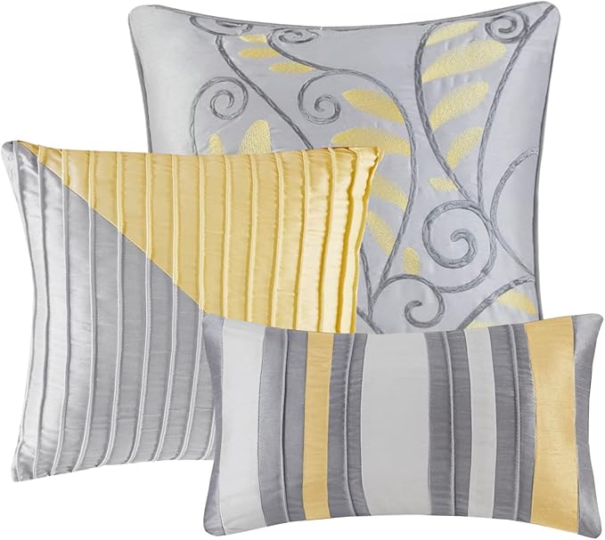 Madison Park Amherst Faux Silk Comforter Set-Casual Contemporary Design All Season Down Alternative Bedding,Matching Shams, Bedskirt,Decorative Pillows,Cal King(104'x92'),Yellow,7 Piece (MP10-2450) - LeafyLoom
