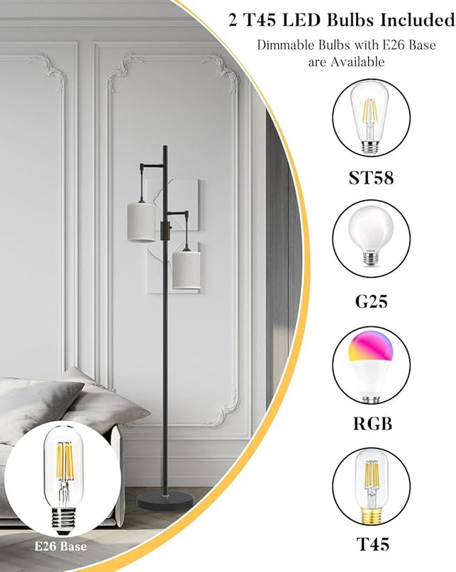 65IN Dimmable (Brightness Adjustable) Tree Floor Lamp, Mid Century Tall Standing Lamps with 2 E26 3000K LED Bulbs, Fabric Shades, Industrial Modern Floor Lamp for Living Room Bedroom - LeafyLoom