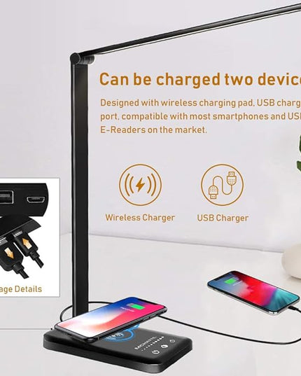 LED Desk Lamp with Wireless Charger, USB Charging Port, Dimmable Eye-Caring Desk Light with 5 Brightness Levels & 5 Lighting Modes, Touch Control, Auto Timer (Black) - LeafyLoom