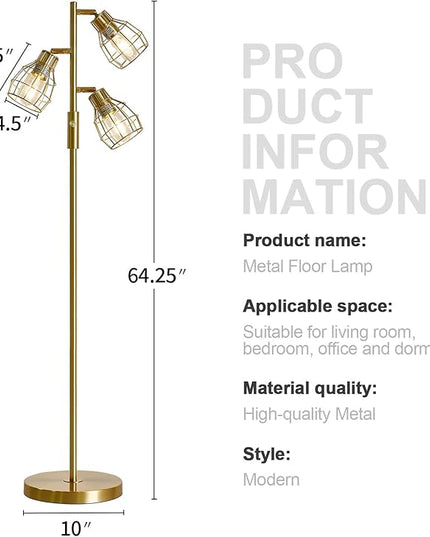 Oneach 64.25" Modern Floor Lamp for Living Room Gold Floor Lamp for Bedroom Clearance Farmhouse Home Office Tall Lamps for Bedroom with 3 Metal Lamp Head Adjustable（Bulbs Included） - LeafyLoom