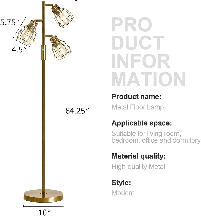 Oneach 64.25" Modern Floor Lamp for Living Room Gold Floor Lamp for Bedroom Clearance Farmhouse Home Office Tall Lamps for Bedroom with 3 Metal Lamp Head Adjustable（Bulbs Included） - LeafyLoom