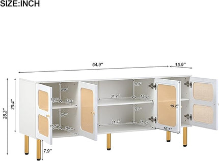 Merax Boho TV Stand with Rattan Door, Woven Media Console Table for Television Up to 70”, Country Style Design Side Board with Gold Metal Base for Living Room, 64.9" length, White - LeafyLoom